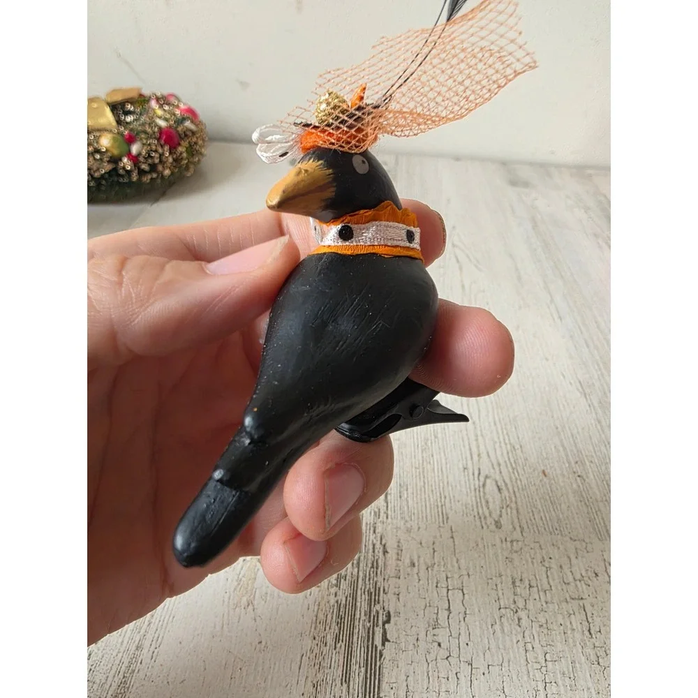 vintage Crow Halloween clip ornament feather shabby chic unique Xmas tree